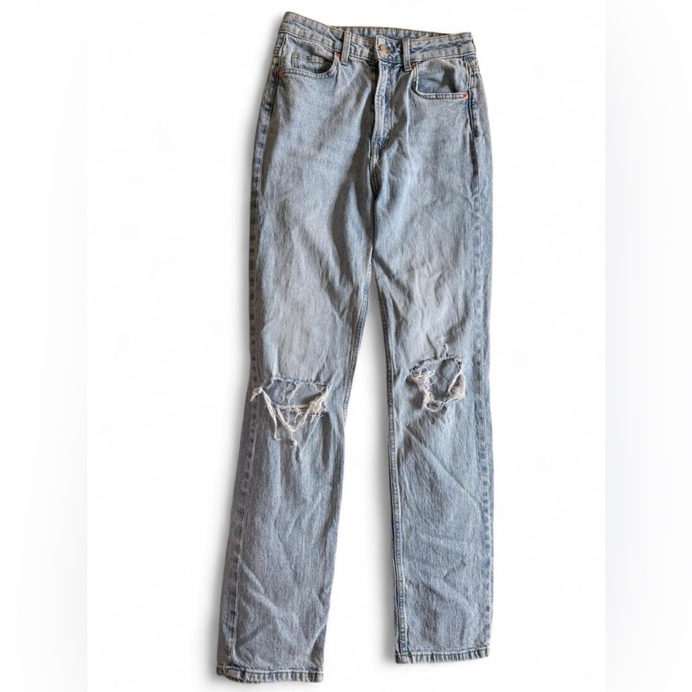 H&M Cotton Light Wash High Waist Straight Leg Distressed Jeans Long Size 4